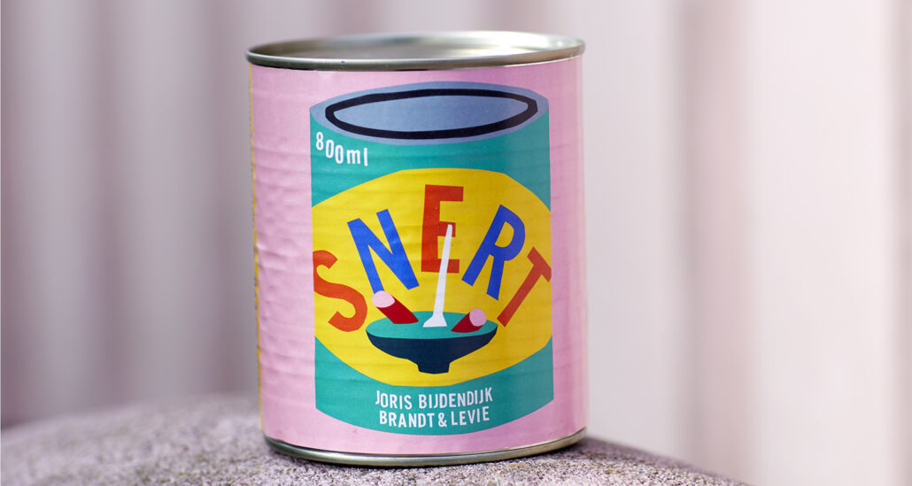 A photo of a pink tin showing new brand Snert in rainbow letters